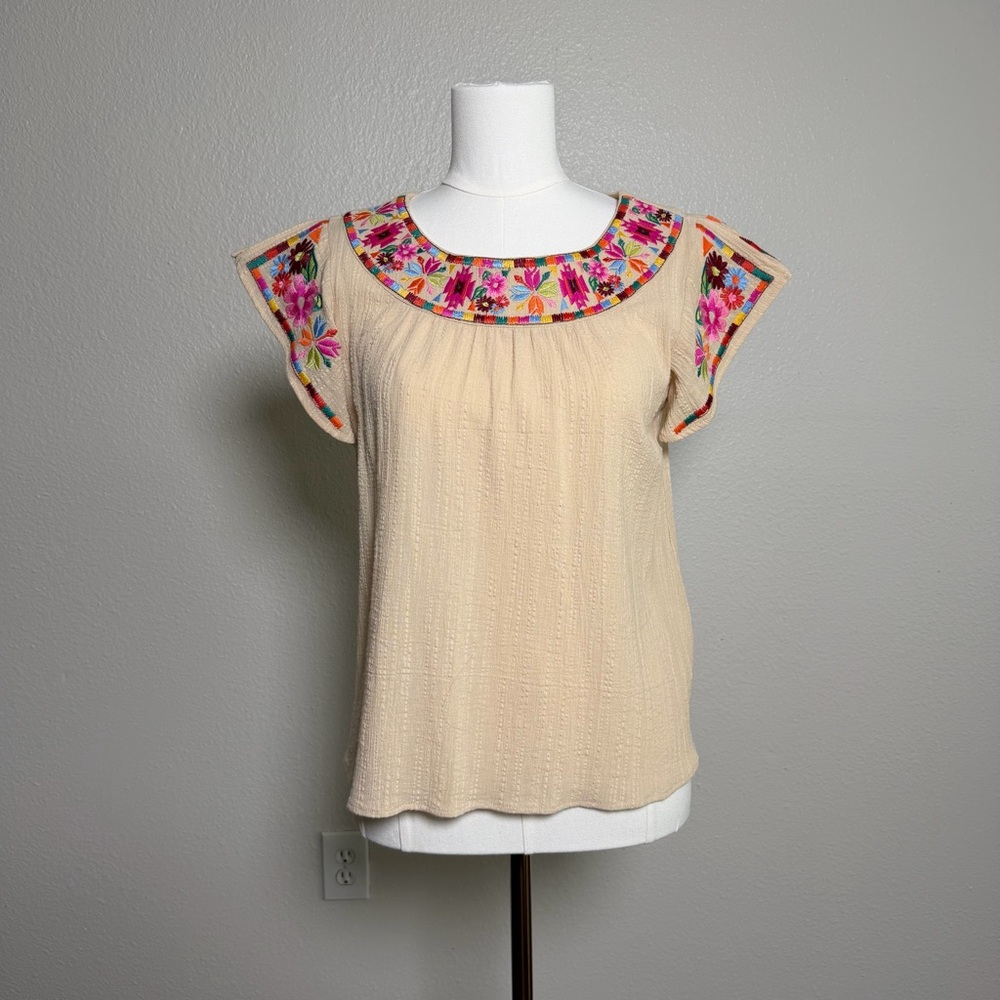 Embroidered Floral Top with Flutter Sleeves